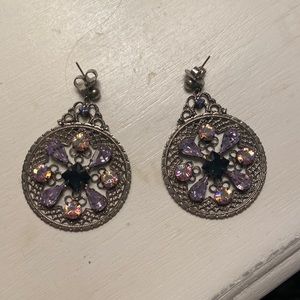Sorrelli earrings. Post back w/ circle drop and purple stones on antique silver.